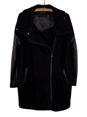 Mackage Wool Cashmere Coat Genuine Leather Sleeves Asymmetric Zip Black XS